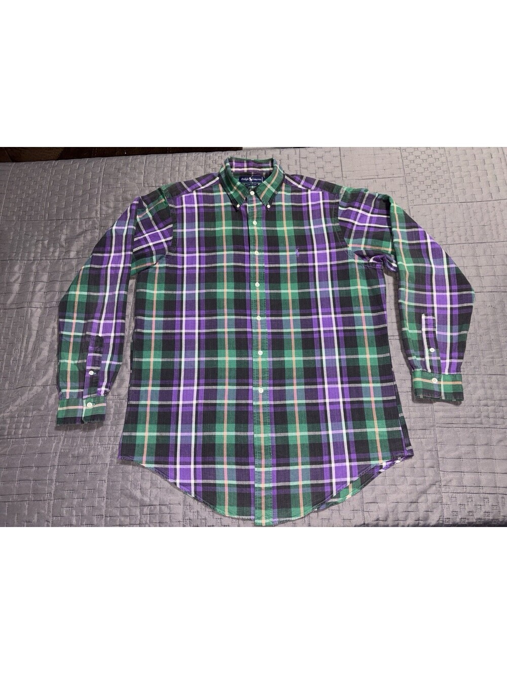Ralph Lauren Classic Fit Plaid Button Down Shirt Men's Large Green Purple Cotton